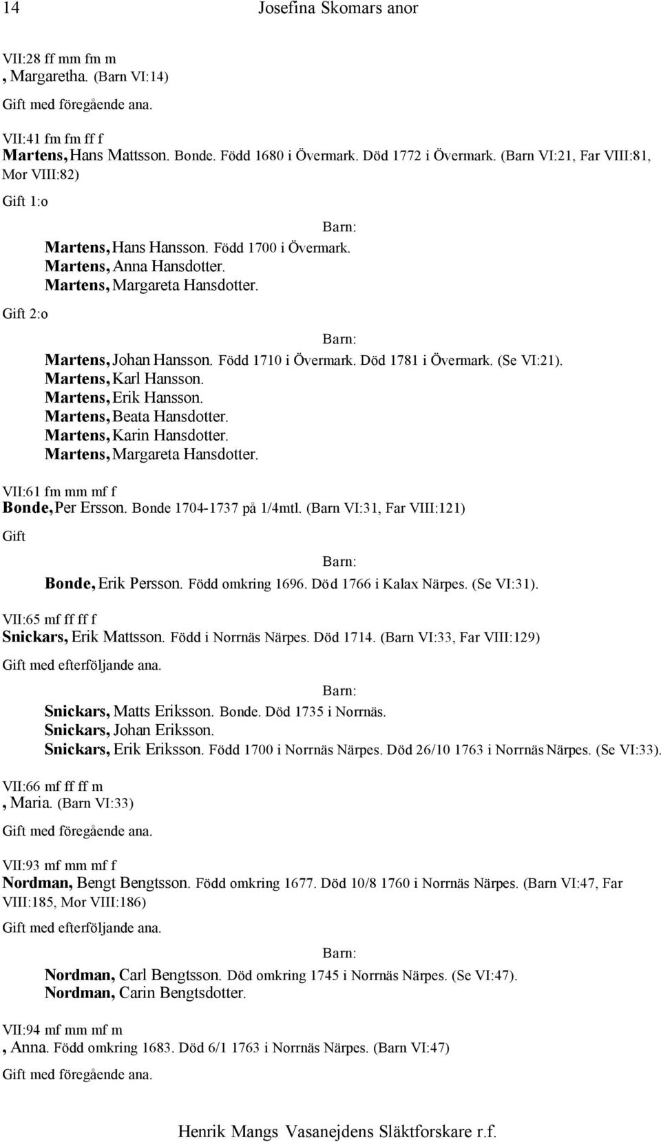 Död 1781 i Övermark. (Se VI:21). Martens, Karl Hansson. Martens, Erik Hansson. Martens, Beata Hansdotter. Martens, Karin Hansdotter. Martens, Margareta Hansdotter. VII:61 fm mm mf f Bonde, Per Ersson.