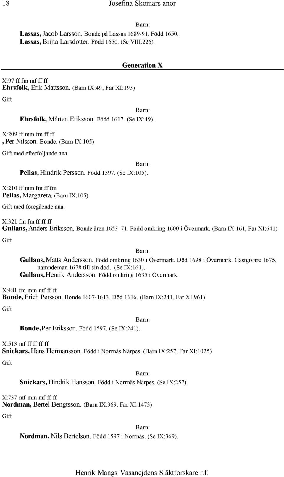 X:210 ff mm fm ff fm Pellas, Margareta. (Barn IX:105) X:321 fm fm ff ff ff Gullans, Anders Eriksson. Bonde åren 1653-71. Född omkring 1600 i Övermark.