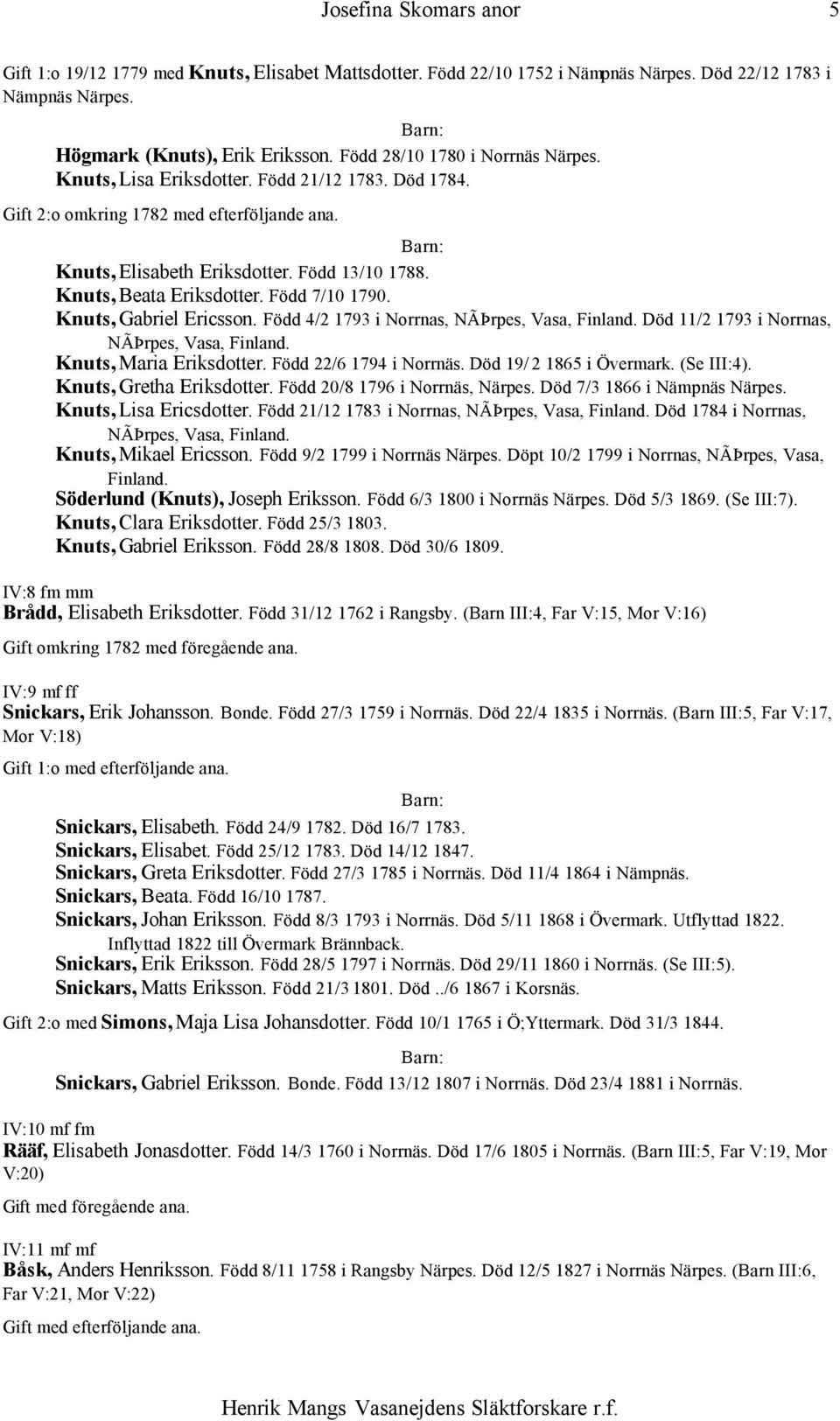 Knuts, Gabriel Ericsson. Född 4/2 1793 i Norrnas, NÃÞrpes, Vasa, Finland. Död 11/2 1793 i Norrnas, NÃÞrpes, Vasa, Finland. Knuts, Maria Eriksdotter. Född 22/6 1794 i Norrnäs.