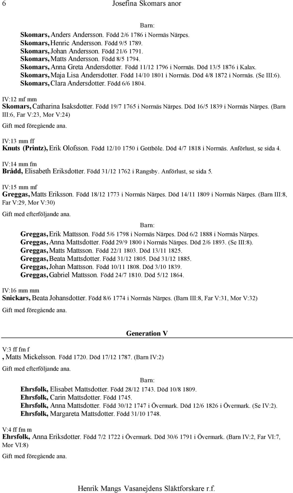 Skomars, Clara Andersdotter. Född 6/6 1804. IV:12 mf mm Skomars, Catharina Isaksdotter. Född 19/7 1765 i Norrnäs Närpes. Död 16/5 1839 i Norrnäs Närpes.