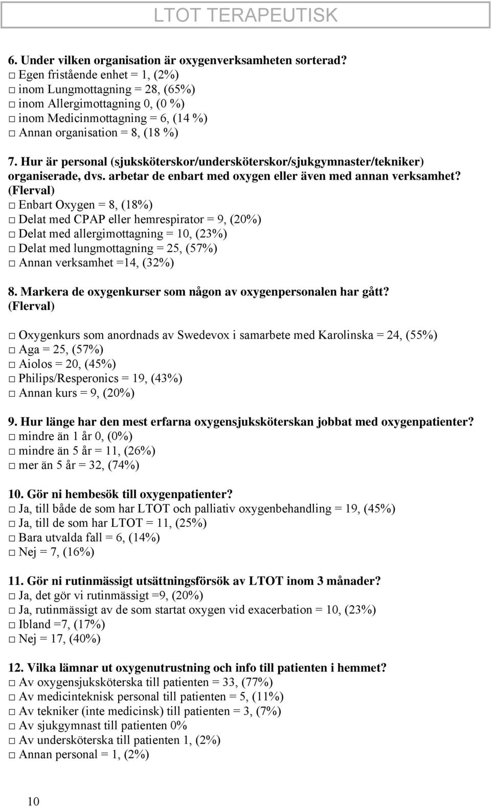 Hur är personal (sjuksköterskor/undersköterskor/sjukgymnaster/tekniker) organiserade, dvs. arbetar de enbart med oxygen eller även med annan verksamhet?