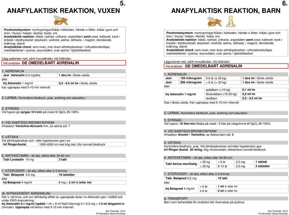 Anafylaktisk chock: som ovan, men även allmänpåverkan / cirkulationskollaps, medvetslöshet / cyanos, larynxödem, svår astma / hjärtstillestånd Lägg patienten ned, sänk huvudändan, höj fotändan.