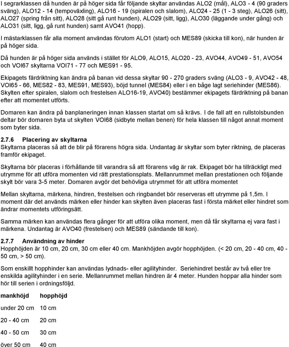 I mästarklassen får alla moment användas förutom ALO1 (start) och MES89 (skicka till kon), när hunden är på höger sida.