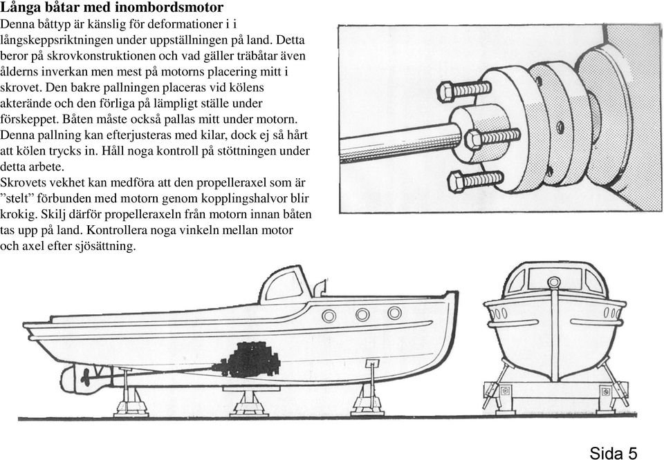 Den bakre pallningen placeras vid kölens akterände och den förliga på lämpligt ställe under förskeppet. Båten måste också pallas mitt under motorn.