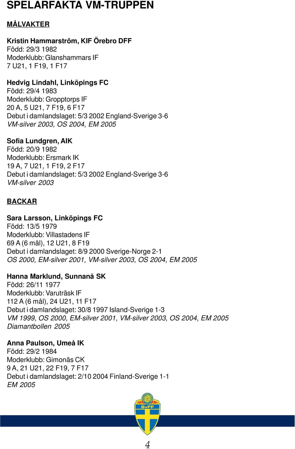 damlandslaget: 5/3 2002 England-Sverige 3-6 VM-silver 2003 BACKAR Sara Larsson, Född: 13/5 1979 Moderklubb: Villastadens IF 69 A (6 mål), 12 U21, 8 F19 Debut i damlandslaget: 8/9 2000 Sverige-Norge
