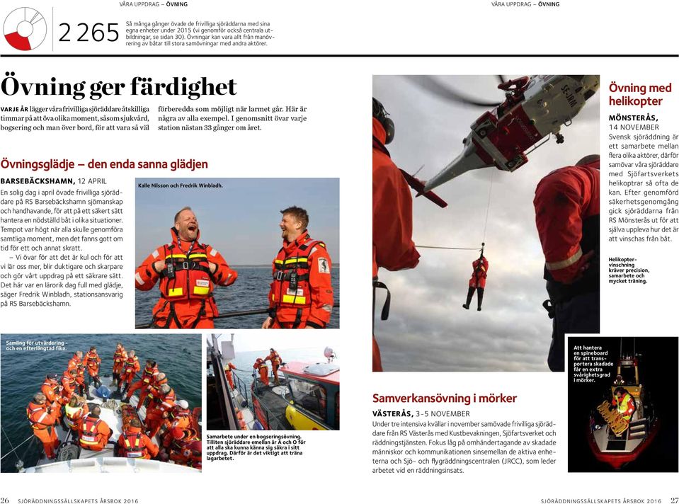 VÅRA UPPDRAG ÖVNING Övning ger färdighet VARJE ÅR lägger våra frivilliga sjöräddare åtskilliga timmar på att öva olika moment, såsom sjukvård, bogsering och man över bord, för att vara så väl