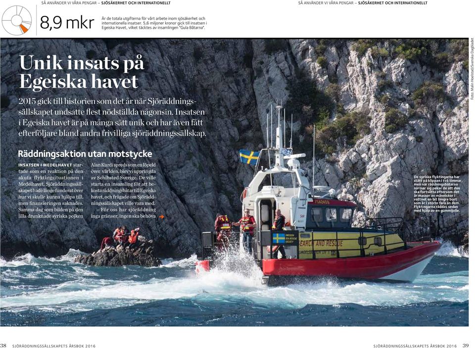 SÅ ANVÄNDER VI VÅRA PENGAR SJÖSÄKERHET OCH INTERNATIONELLT Unik insats på Egeiska havet 2015 gick till historien som det år när Sjöräddningssällskapet undsatte flest nödställda någonsin.