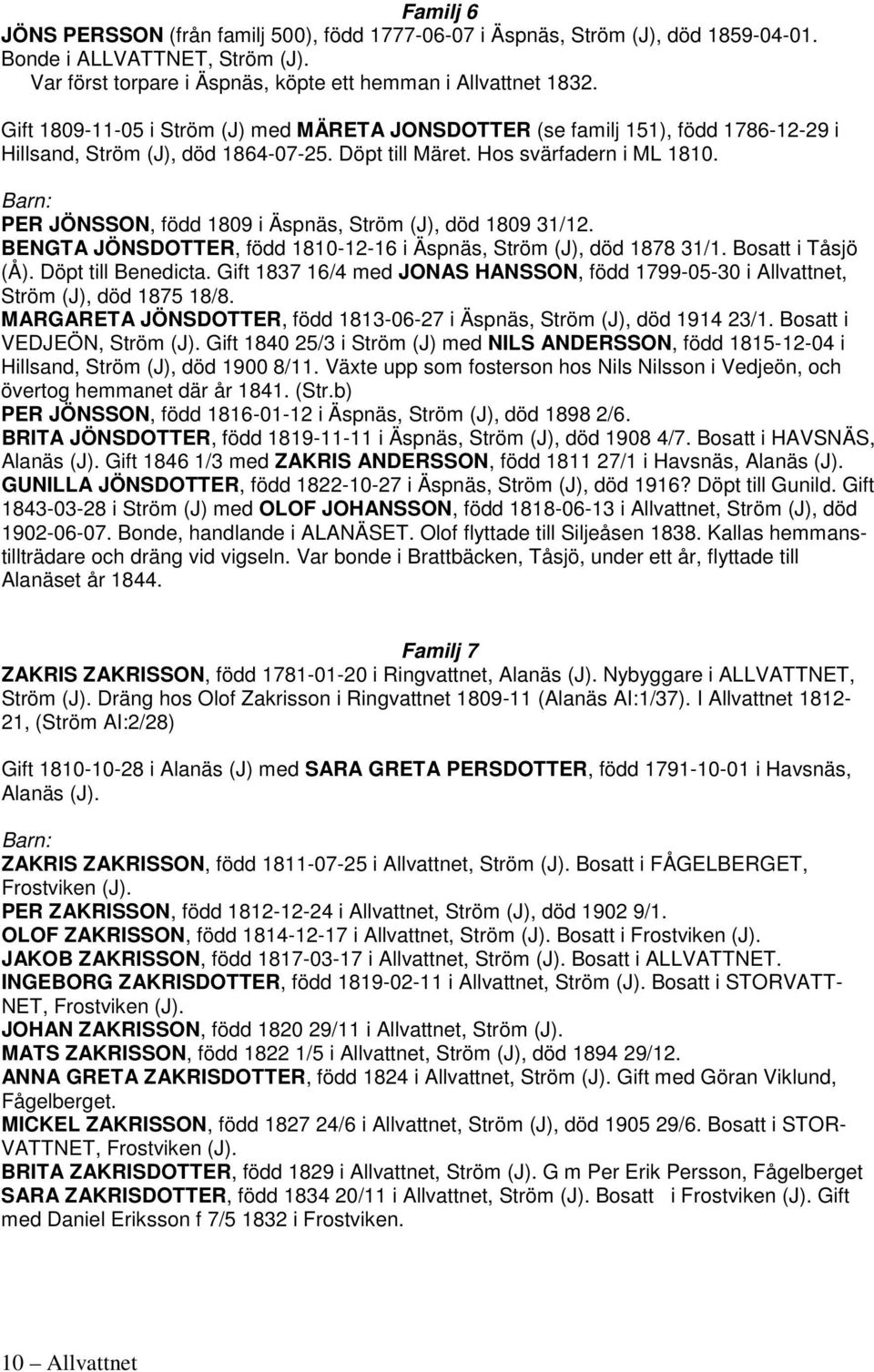 PER JÖNSSON, född 1809 i Äspnäs, Ström (J), död 1809 31/12. BENGTA JÖNSDOTTER, född 1810-12-16 i Äspnäs, Ström (J), död 1878 31/1. Bosatt i Tåsjö (Å). Döpt till Benedicta.