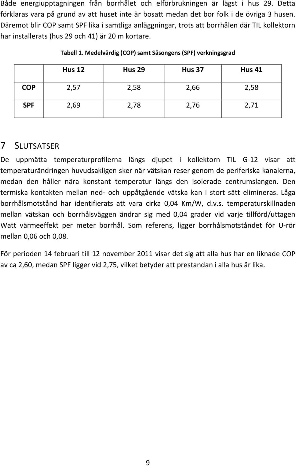 Medelvärdig (COP) samt Säsongens (SPF) verkningsgrad Hus 12 Hus 29 Hus 37 Hus 41 COP 2,57 2,58 2,66 2,58 SPF 2,69 2,78 2,76 2,71 7 SLUTSATSER De uppmätta temperaturprofilerna längs djupet i