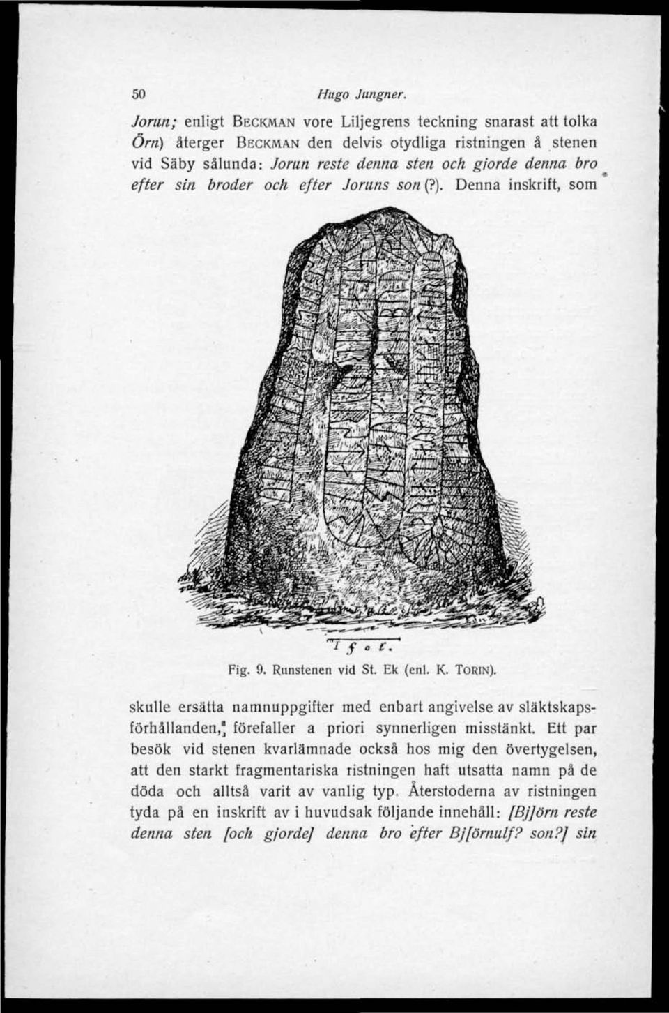 efter sin broder och efter Joruns son (?). Denna inskrift, som Fig. 9. Runstenen vid St. Ek (enl. K. TORIN).