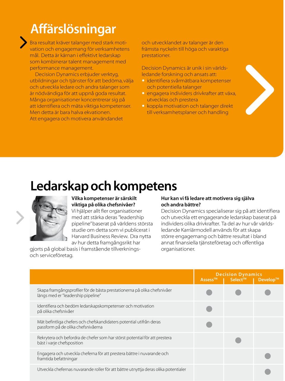 Decision Dynamics erbjuder verktyg, utbildningar och tjänster för att bedöma, välja och utveckla ledare och andra talanger som är nödvändiga för att uppnå goda resultat.