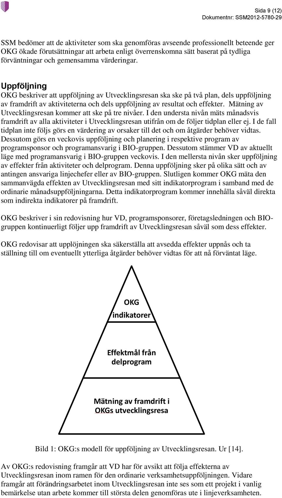 Mätning av Utvecklingsresan kommer att ske på tre nivåer. I den understa nivån mäts månadsvis framdrift av alla aktiviteter i Utvecklingsresan utifrån om de följer tidplan eller ej.
