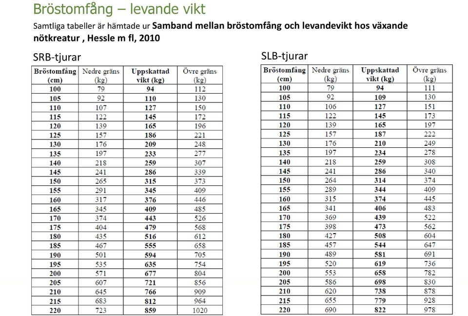 bröstomfång och levandevikt hos växande