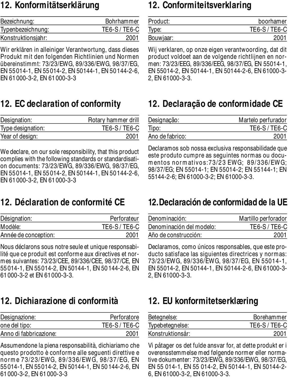 Conformiteitsverklaring Product: boorhamer Type: Bouwjaar: 2001 Wij verklaren, op onze eigen verantwoording, dat dit product voldoet aan de volgende richtlijnen en normen: 73/23/EEG, 89/336/EEG,