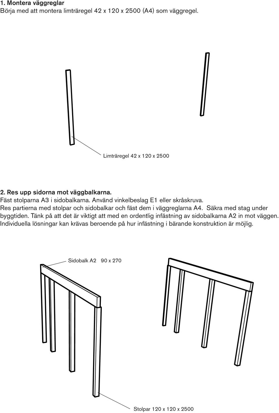 Res partierna med stolpar och sidobalkar och fäst dem i väggreglarna A4. Säkra med stag under byggtiden.