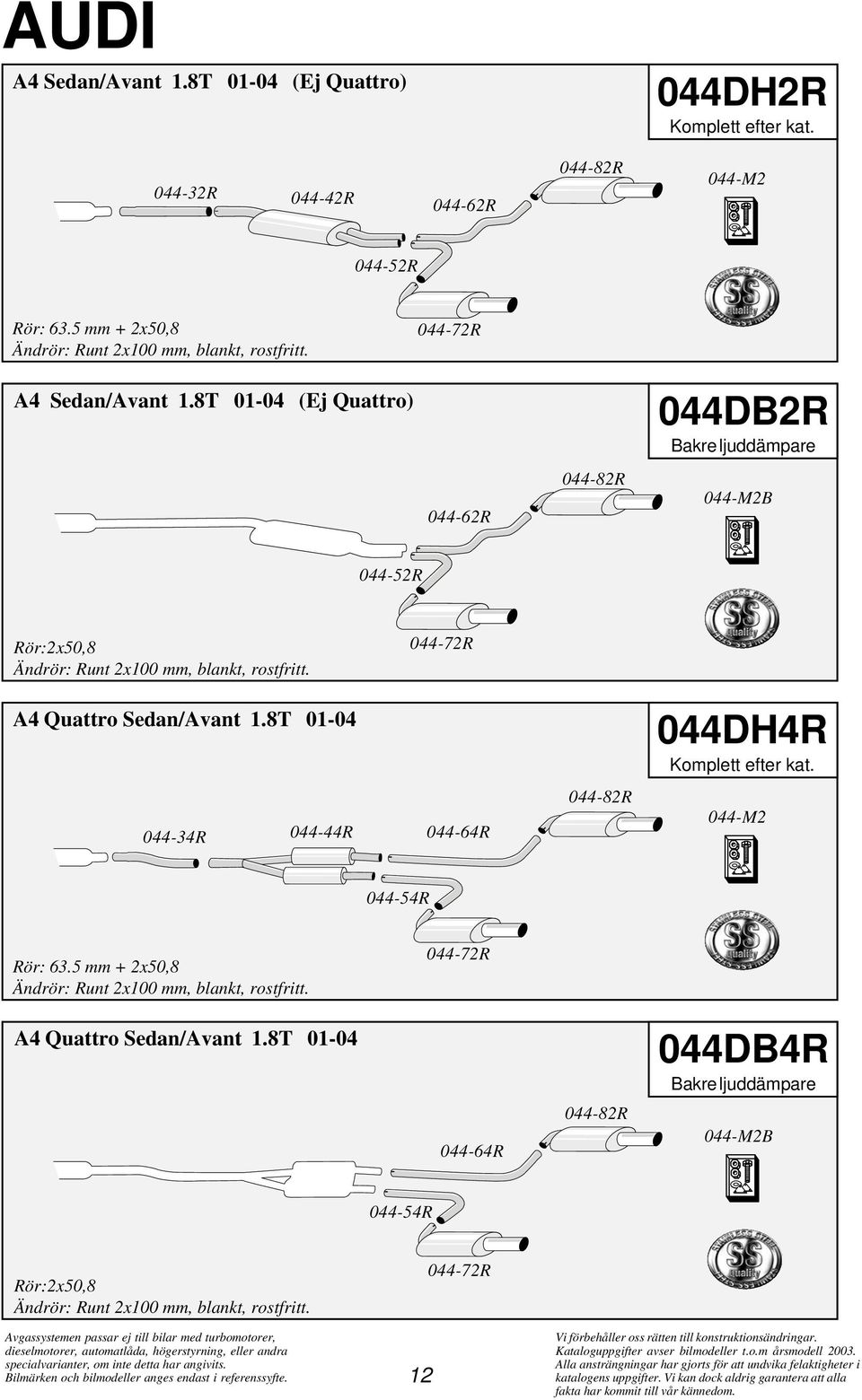 044-72R A4 Quattro Sedan/Avant 1.8T 01-04 044DH4R 044-34R 044-44R 044-64R 044-82R 044-M2 044-54R + 2x50,8 Ändrör: Runt 2x100 mm, blankt, rostfritt.