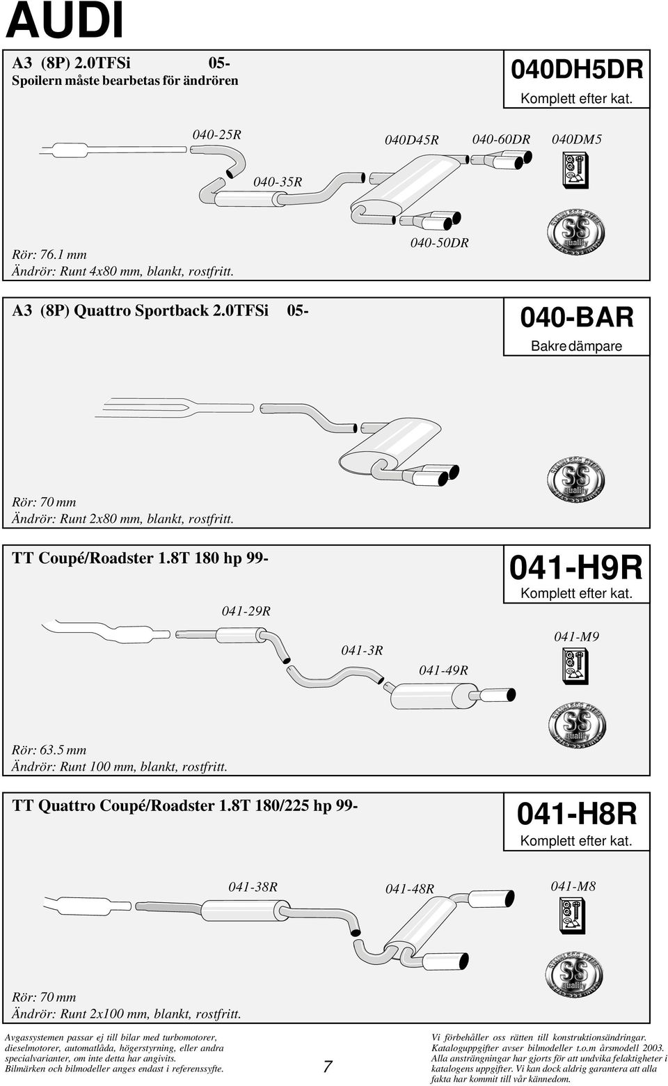 0TFSi 05-040-BAR Bakre dämpare Rör: 70 mm TT Coupé/Roadster 1.