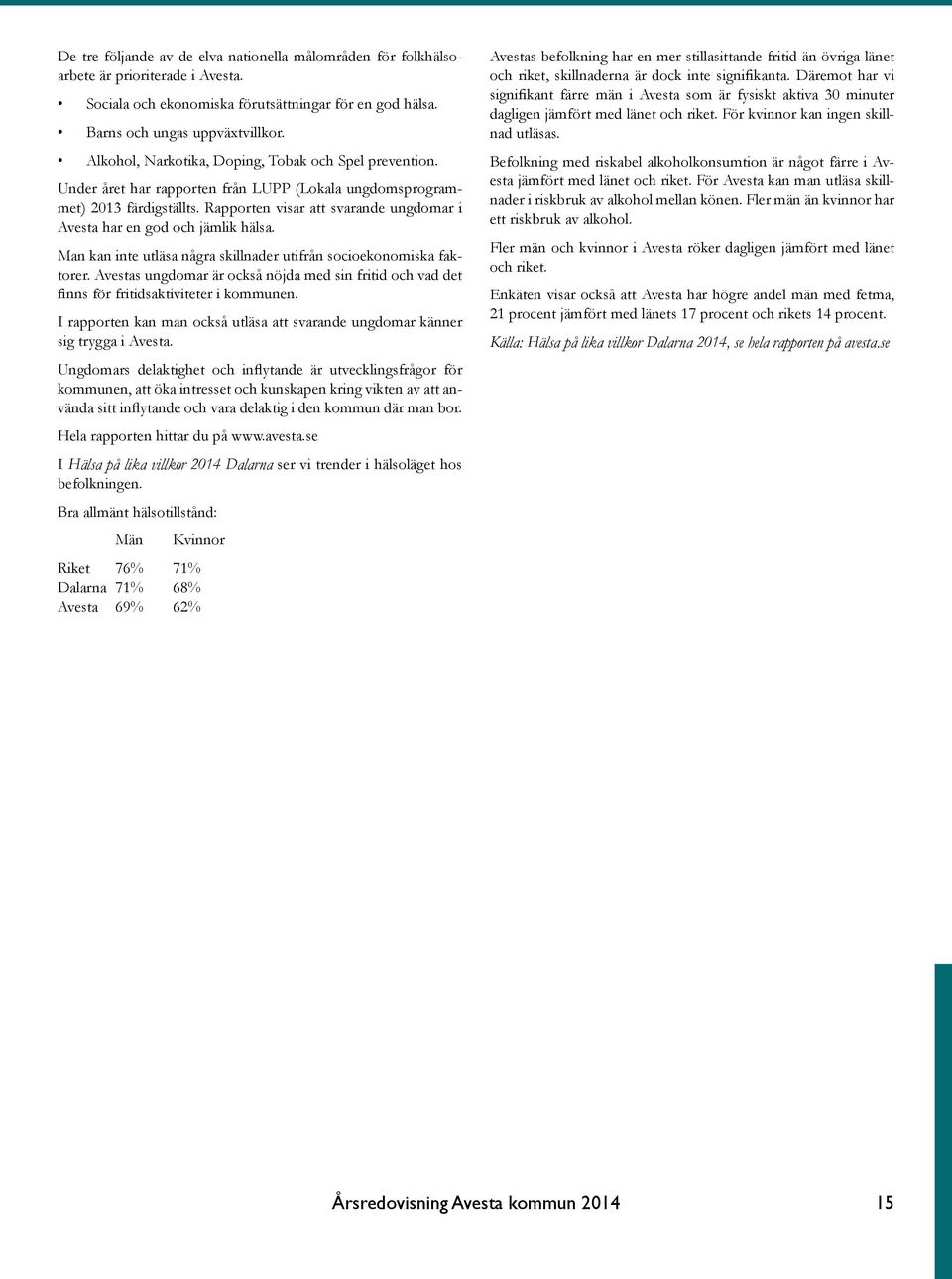 Rapporten visar att svarande ungdomar i Avesta har en god och jämlik hälsa. Man kan inte utläsa några skillnader utifrån socioekonomiska faktorer.