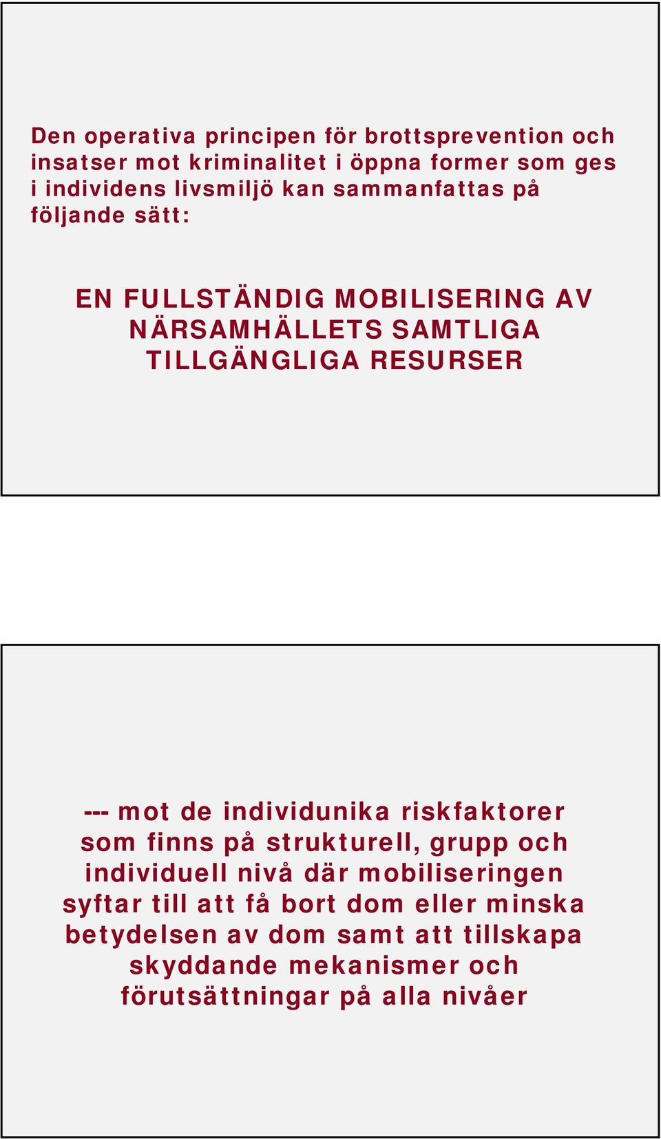 RESURSER --- mot de individunika riskfaktorer som finns på strukturell, grupp och individuell nivå där mobiliseringen