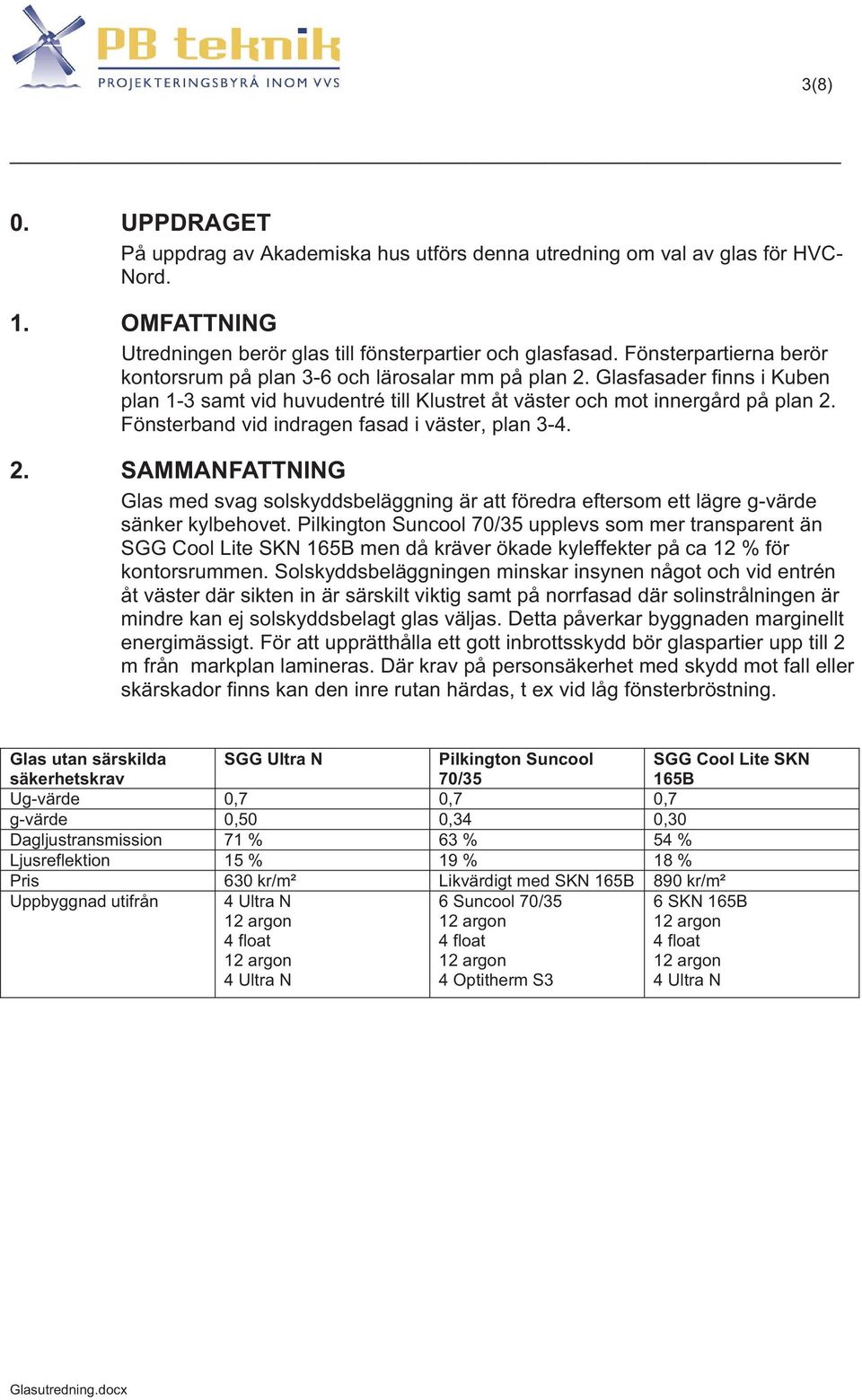 Fönsterband vid indragen fasad i väster, plan 3-4. 2. SAMMANFATTNING Glas med svag solskyddsbeläggning är att föredra eftersom ett lägre g-värde sänker kylbehovet.