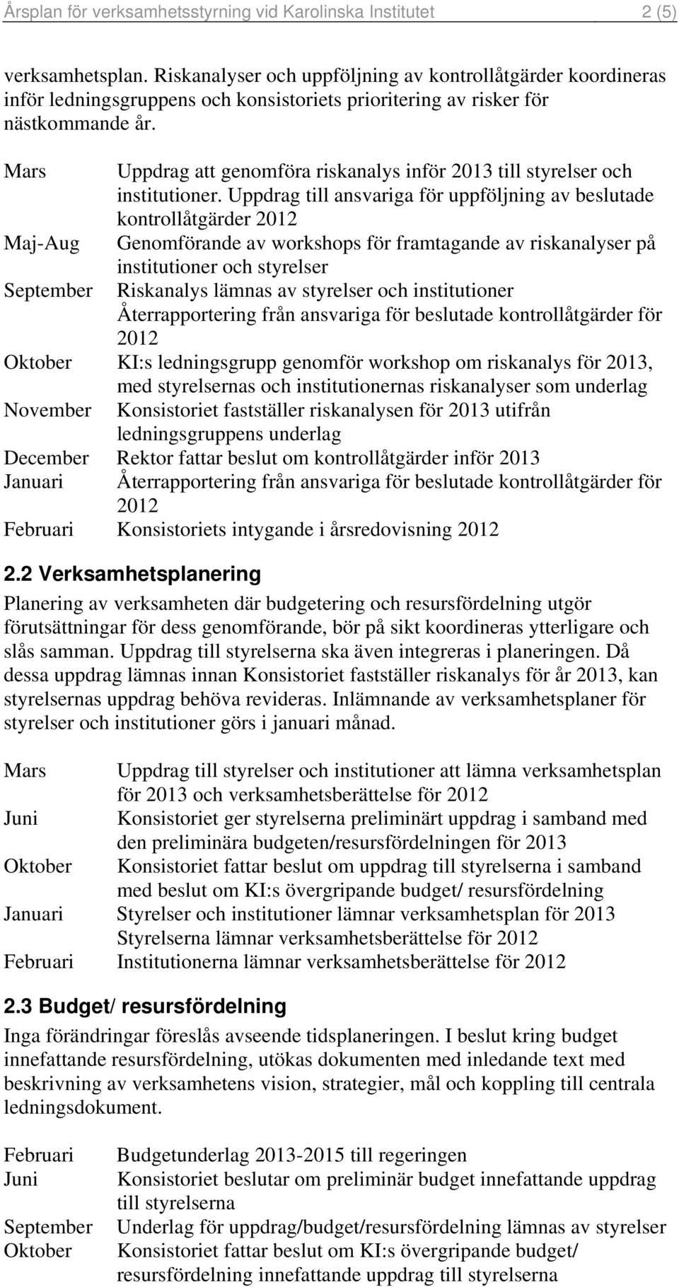 Mars Uppdrag att genomföra riskanalys inför 2013 till styrelser och institutioner.