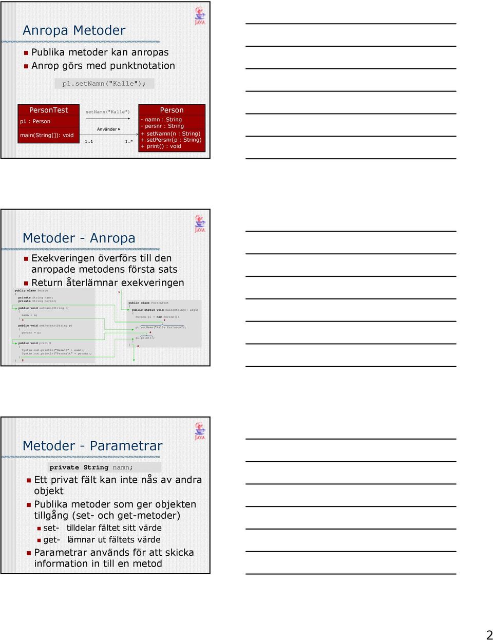 exekveringen public class Person private String namn; private String persnr; public void setnamn(string n) namn = n; 3 1 public class PersonTest public static void main(string[] args) Person p1 = new