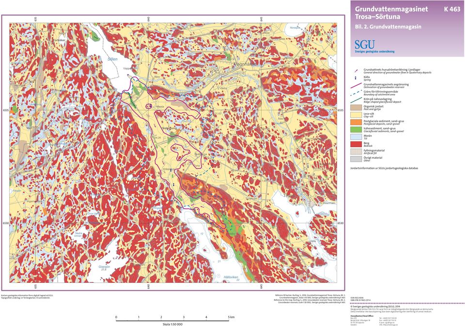 groundwater reservoir Gräns för tillrinningsområde Boundary of catchment area Krön på isälvsavlagring Ridge-shaped glaciofluvial deposit Organisk jordart 6535 6535 Peat and gyttja Lera silt Clay silt
