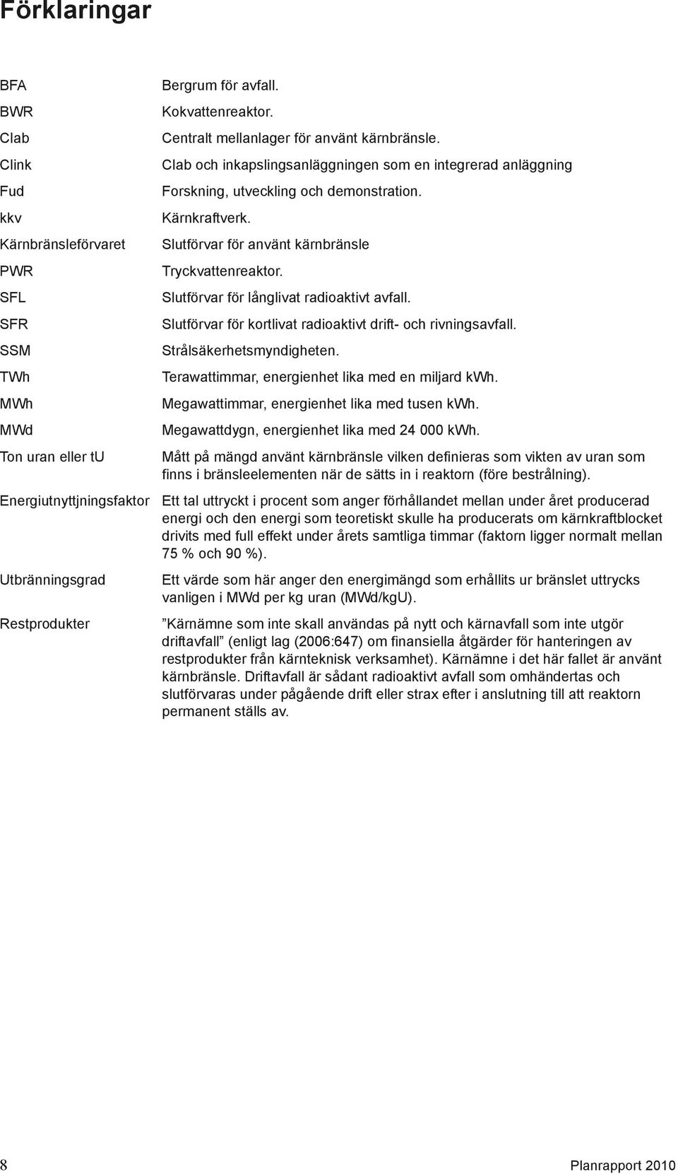 Slutförvar för långlivat radioaktivt avfall. Slutförvar för kortlivat radioaktivt drift- och rivningsavfall. Strålsäkerhetsmyndigheten. Terawattimmar, energienhet lika med en miljard kwh.