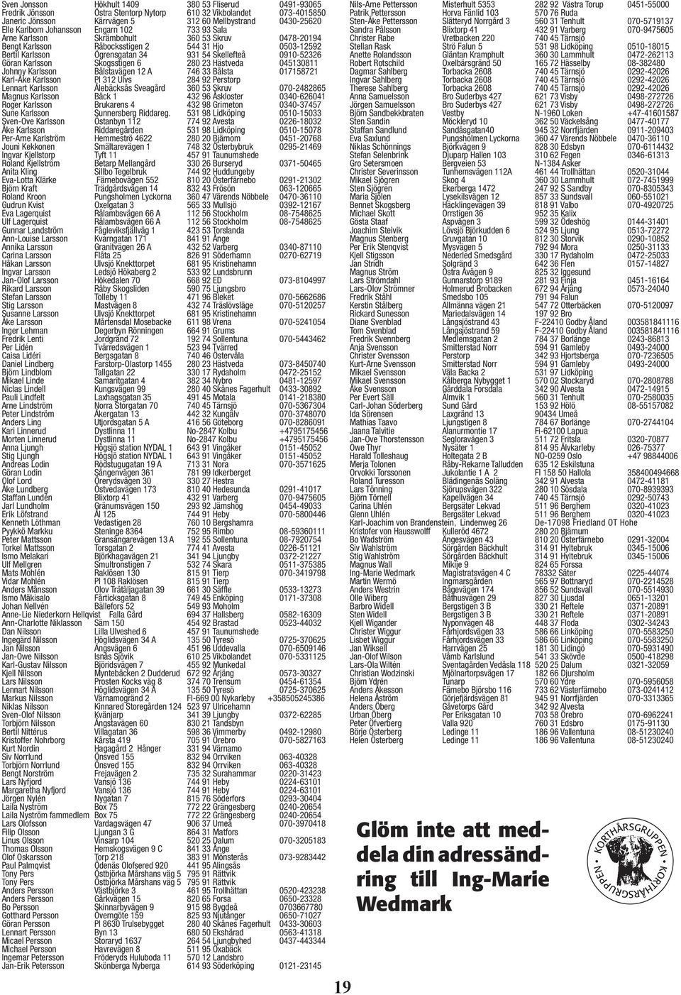 0910-52326 Göran Karlsson Skogsstigen 6 280 23 Hästveda 045130811 Johnny Karlsson Bålstavägen 12 A 746 33 Bålsta 017158721 Karl-Åke Karlsson Pl 312 Ulvs 284 92 Perstorp Lennart Karlsson Ålebäcksås