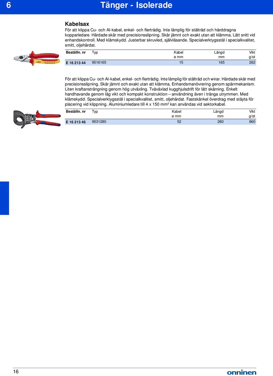 nr Typ Kabel ø Längd E 16 213 44 9516165 15 165 262 För att klippa Cu- och Al-kabel, enkel- och flertrådig. Inte lämplig för ståltråd och wirar. Härdade skär med precisionsslipning.