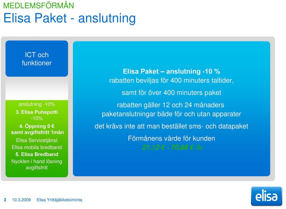 Elisa Bredband Nycklen i hand lösning Elisa Paket anslutning -10 % rabatten beviljas för 400 minuters taltider, samt för över 400