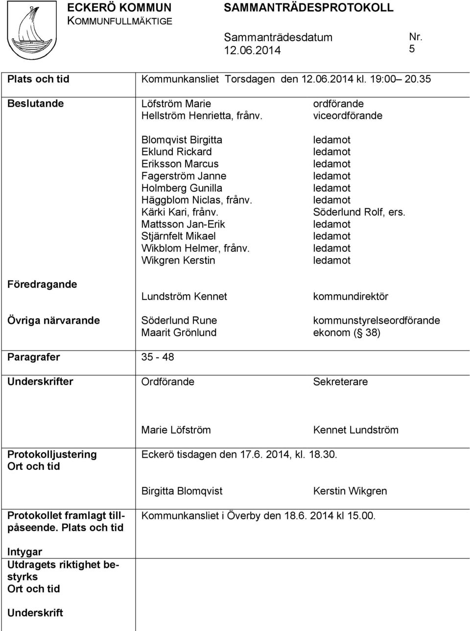 Wikgren Kerstin Lundström Kennet Söderlund Rune Maarit Grönlund ordförande viceordförande ledamot ledamot ledamot ledamot ledamot ledamot Söderlund Rolf, ers.