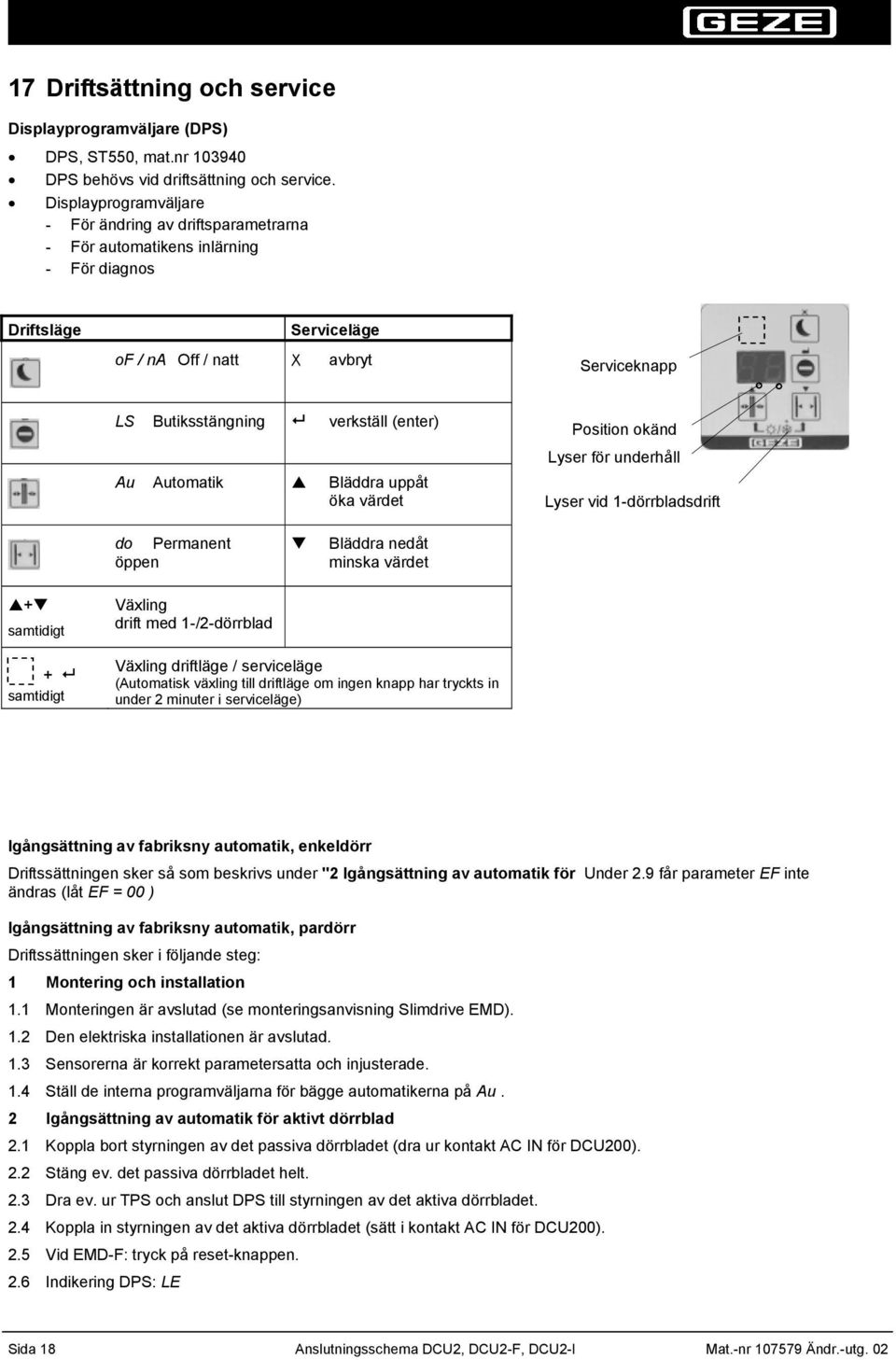 (enter) Au Automatik Bläddra uppåt öka värdet Position okänd Lyser för underhåll Lyser vid -dörrbladsdrift do Permanent öppen Bläddra nedåt minska värdet + samtidigt + samtidigt Växling drift med