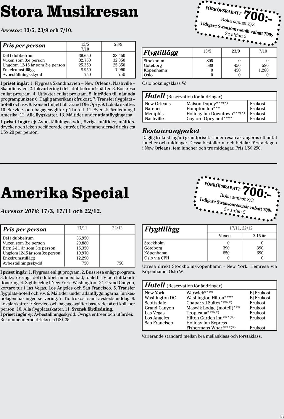 6. Daglig amerikansk frukost. 7. Transfer flygplats hotell och v.v. 8. Konsertbiljett till Grand Ole Opry. 9. Lokala skatter. 1. Service- och bagageavgifter på hotell. 11.