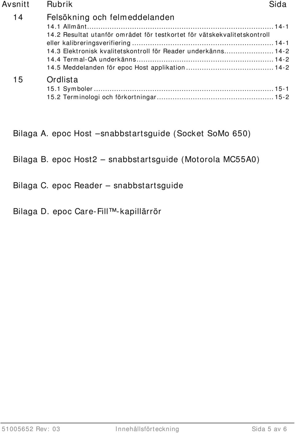 3 Elektronisk kvalitetskontroll för Reader underkänns... 14-2 14.4 Termal-QA underkänns... 14-2 14.5 Meddelanden för epoc Host applikation... 14-2 15 Ordlista 15.