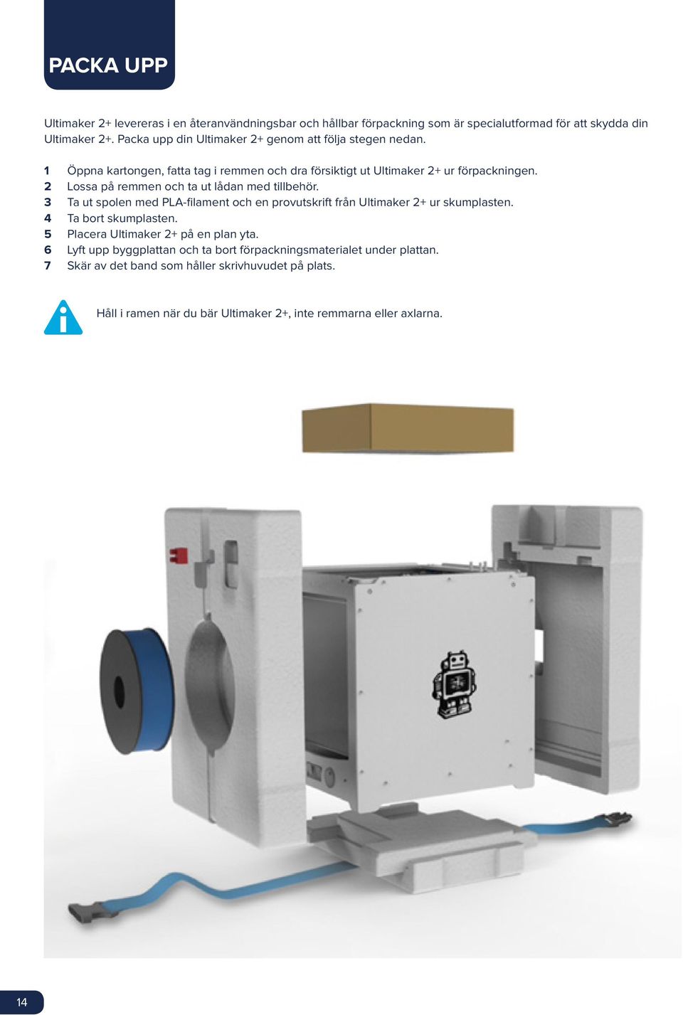 2 Lossa på remmen och ta ut lådan med tillbehör. 3 Ta ut spolen med PLA-filament och en provutskrift från Ultimaker 2+ ur skumplasten. 4 Ta bort skumplasten.