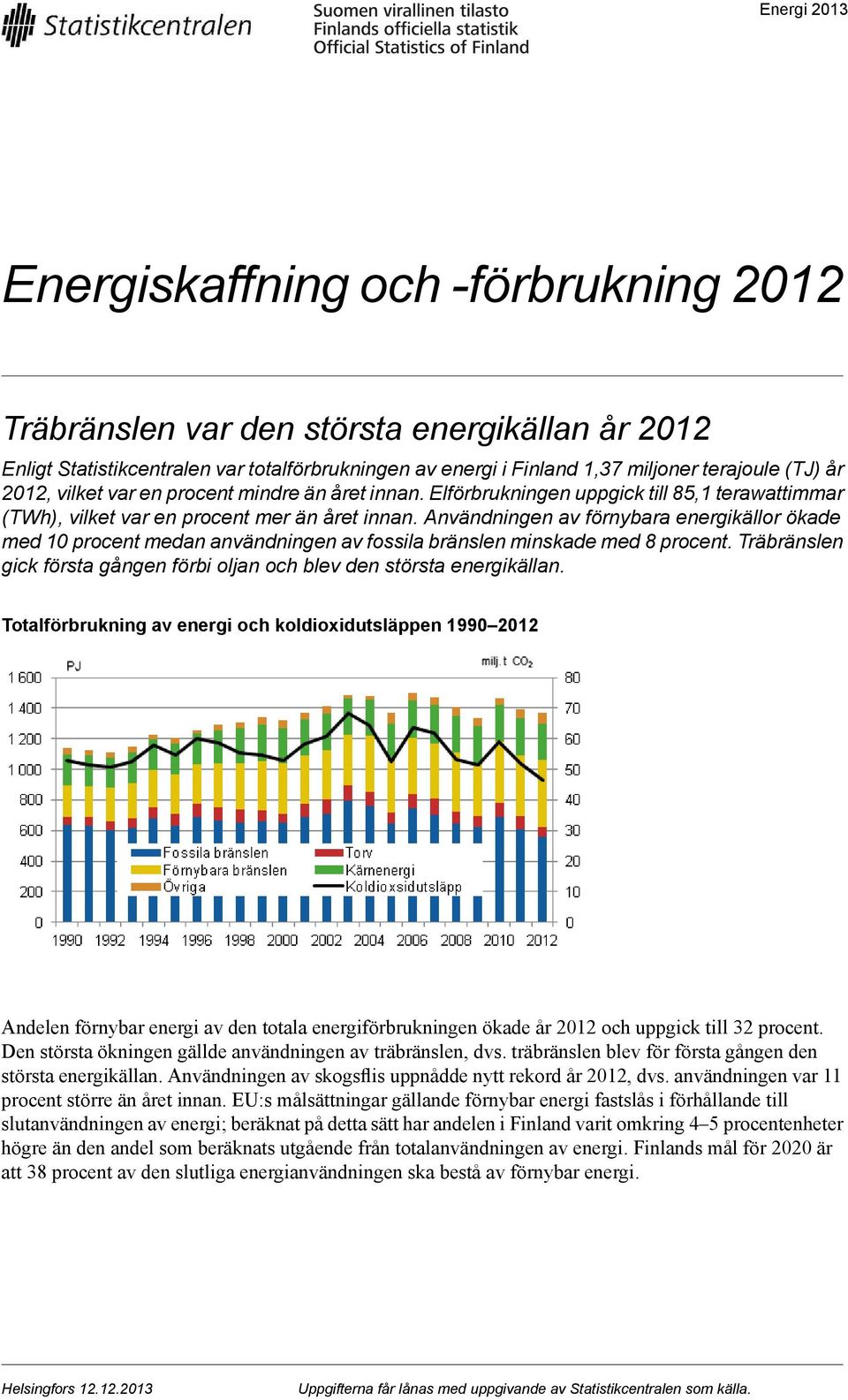 Användningen av förnybara energikällor ökade med 10 procent medan användningen av fossila bränslen minskade med 8 procent. Träbränslen gick första gången förbi oljan och blev den största energikällan.