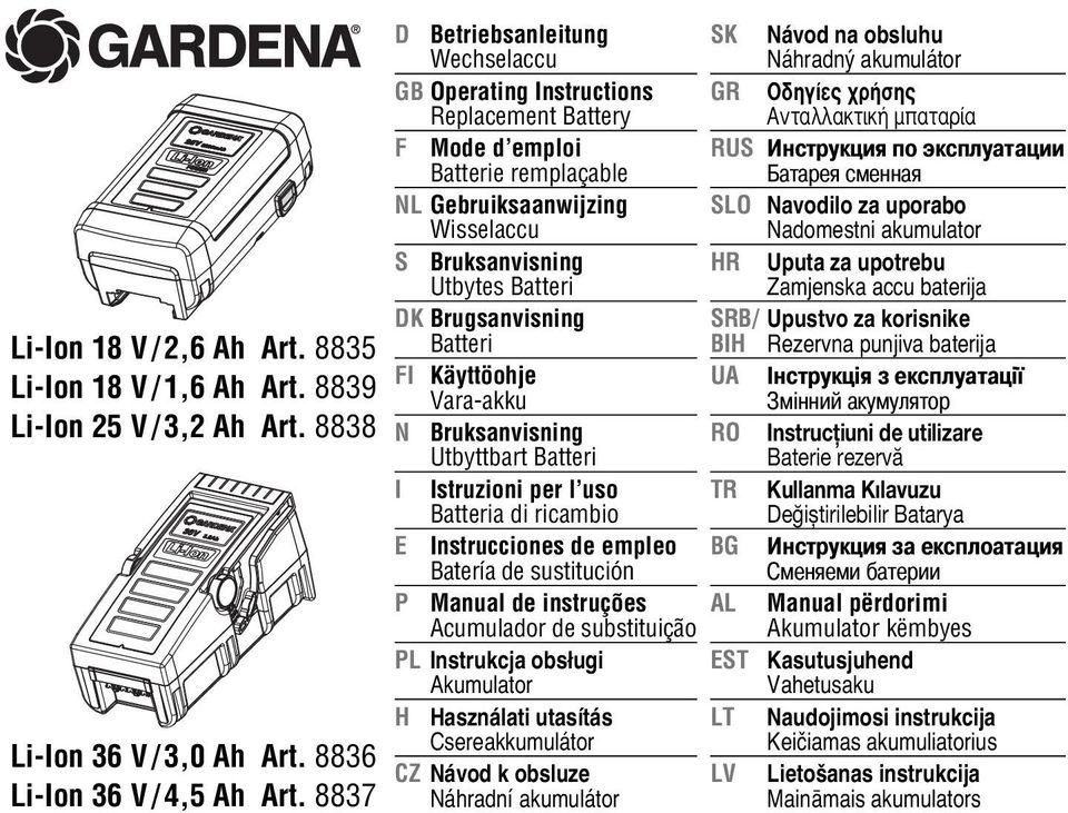 Brugsanvisning Batteri FI Käyttöohje Vara-akku N Bruksanvisning Utbyttbart Batteri I Istruzioni per l uso Batteria di ricambio E Instrucciones de empleo Batería de sustitución P Manual de instruções