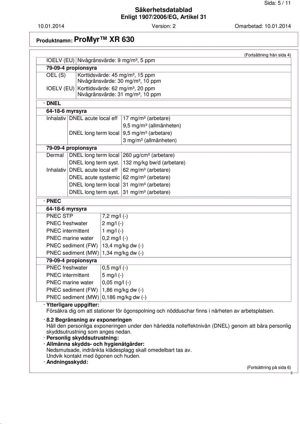 local 260 µg/cm² (arbetare) DNEL long term syst.