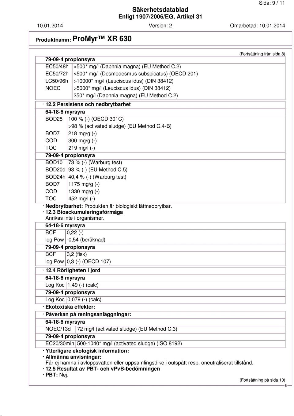 2) 12.2 Persistens och nedbrytbarhet BOD28 100 % (-) (OECD 301C) >98 % (activated sludge) (EU Method C.