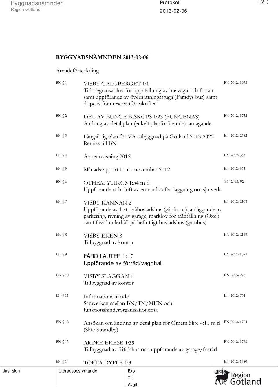 BN 2012/1978 BN 2 DEL AV BUNGE BISKOPS 1:23 (BUNGENÄS) Ändring av detaljplan (enkelt planförfarande): antagande BN 2012/1732 BN 3 Långsiktig plan för VA-utbyggnad på Gotland 2013-2022 Remiss till BN