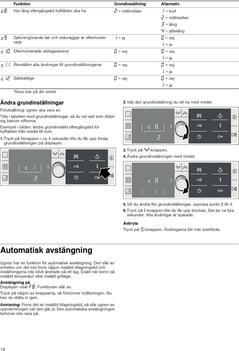 grundinställningar Förutsättning: ugnen ska vara av. Titta i tabellen med grundinställningar, så du vet vad som döljer sig bakom siffrorna.