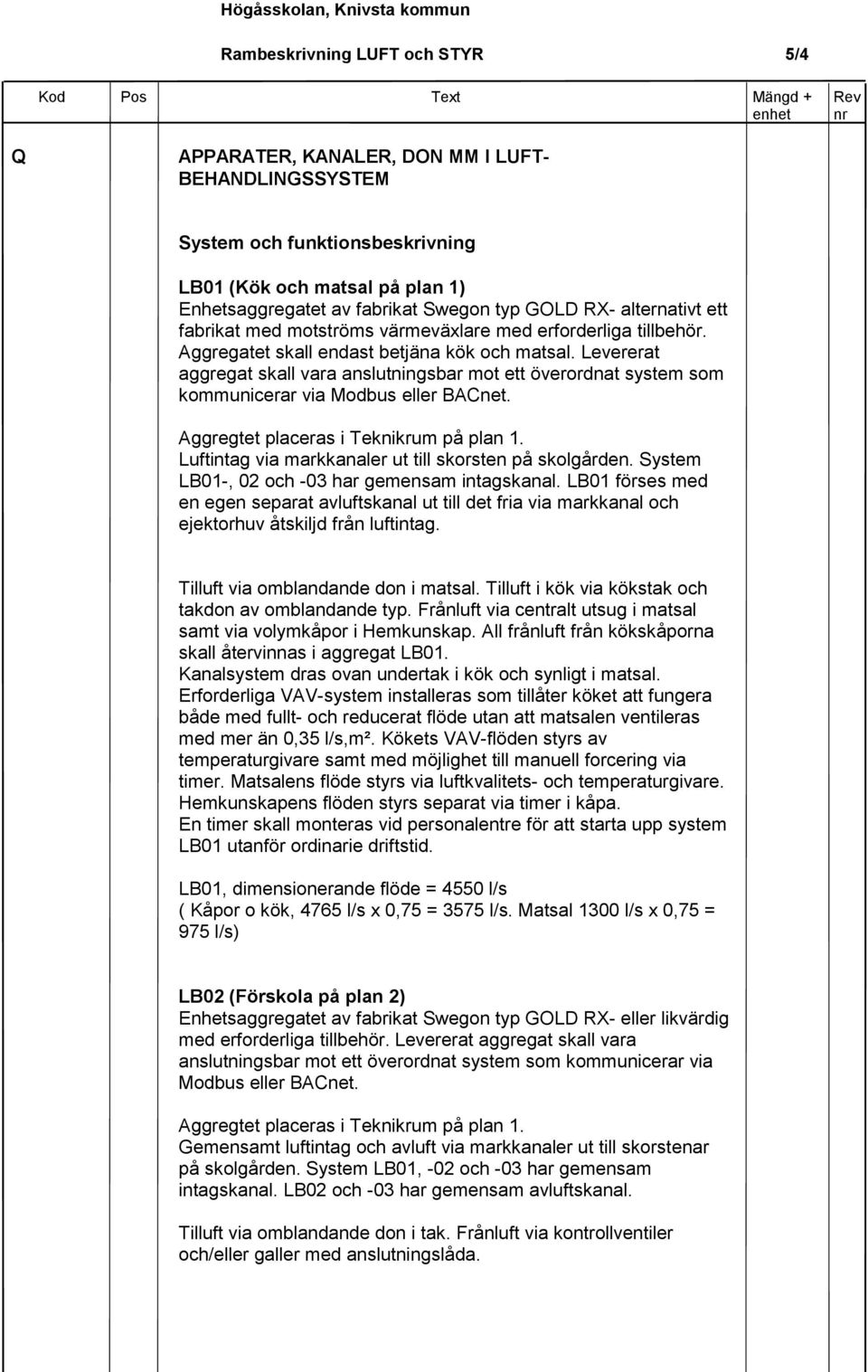 Levererat aggregat skall vara anslutningsbar mot ett överordnat system som kommunicerar via Modbus eller BACnet. Aggregtet placeras i Teknikrum på plan 1.