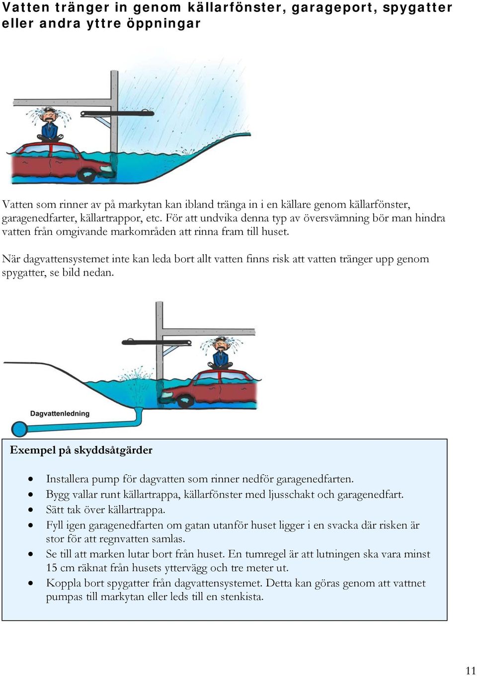 När dagvattensystemet inte kan leda bort allt vatten finns risk att vatten tränger upp genom spygatter, se bild nedan.