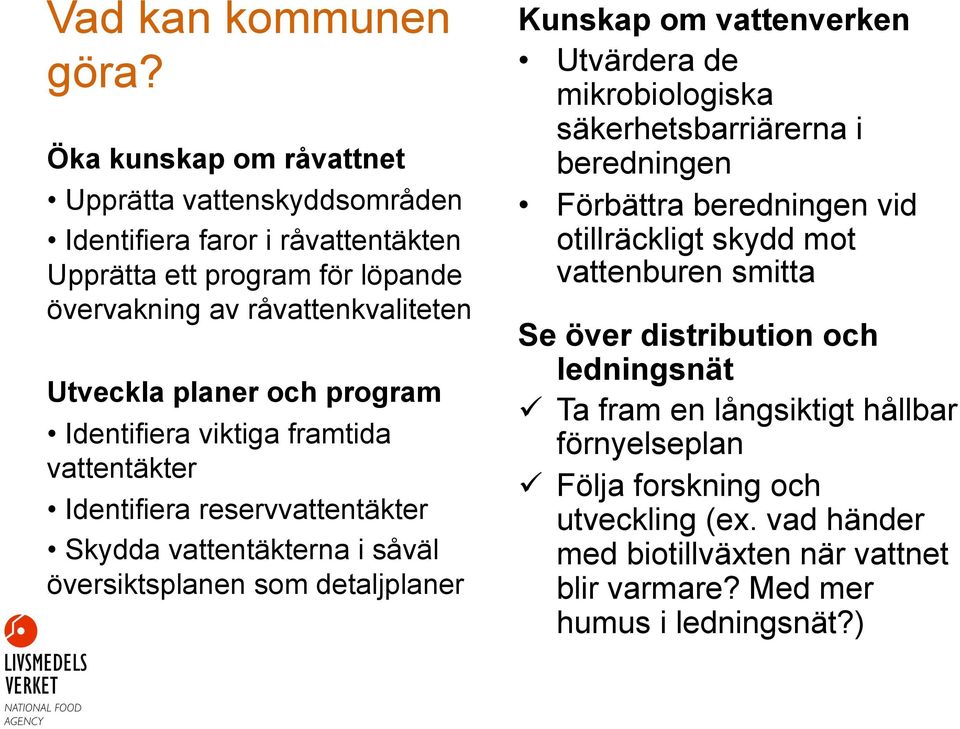 program Identifiera viktiga framtida vattentäkter Identifiera reservvattentäkter Skydda vattentäkterna i såväl översiktsplanen som detaljplaner Kunskap om vattenverken