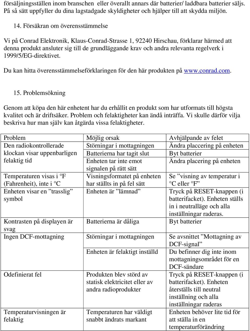 i 1999/5/EG-direktivet. Du kan hitta överensstämmelseförklaringen för den här produkten på www.conrad.com. 15.