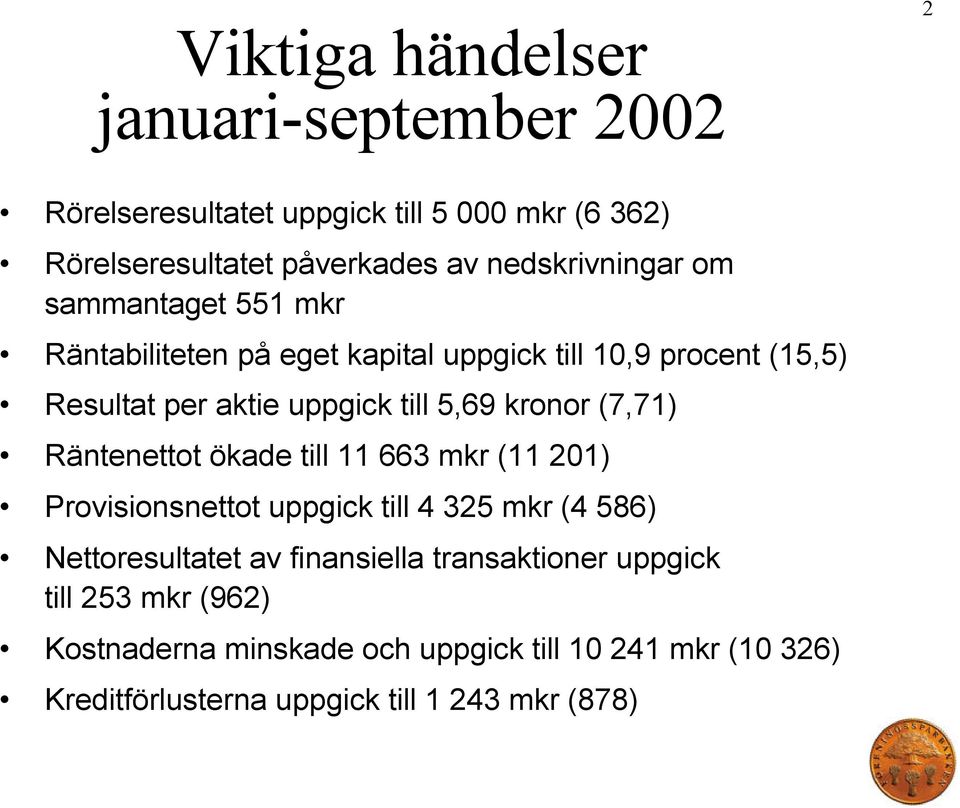 5,69 kronor (7,71) Räntenettot ökade till 11 663 mkr (11 201) Provisionsnettot uppgick till 4 325 mkr (4 586) Nettoresultatet av