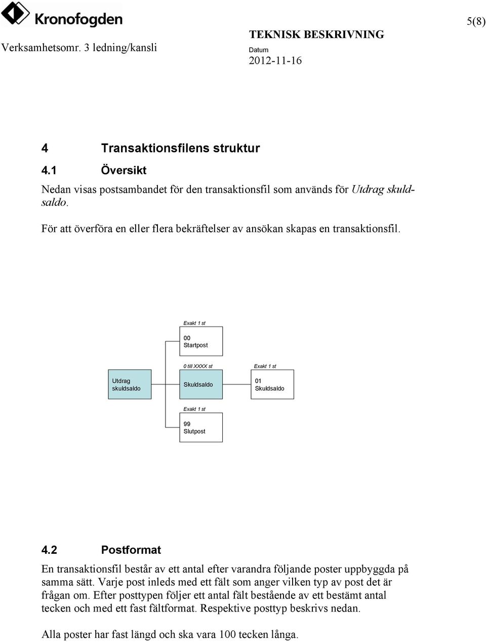 Exakt 1 st 00 Startpost 0 till XXXX st Exakt 1 st Utdrag skuldsaldo Skuldsaldo 01 Skuldsaldo Exakt 1 st 99 Slutpost 4.