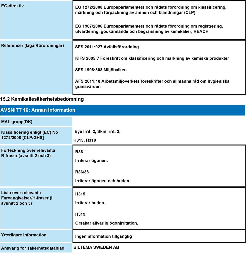 kemiska produkter SFS 1998:808 Miljöbalken AFS 2011:18 Arbetsmiljöverkets föreskrifter och allmänna råd om hygieniska gränsvärden 15.