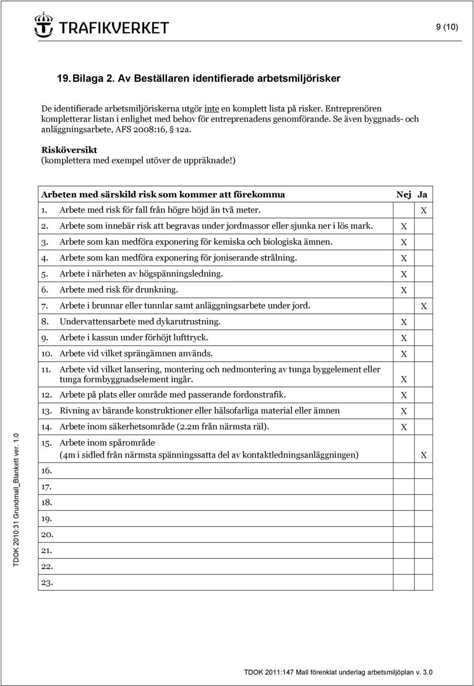 Risköversikt (komplettera med exempel utöver de uppräknade!) Arbeten med särskild risk som kommer att förekomma Nej Ja 1. Arbete med risk för fall från högre höjd än två meter. X 2.